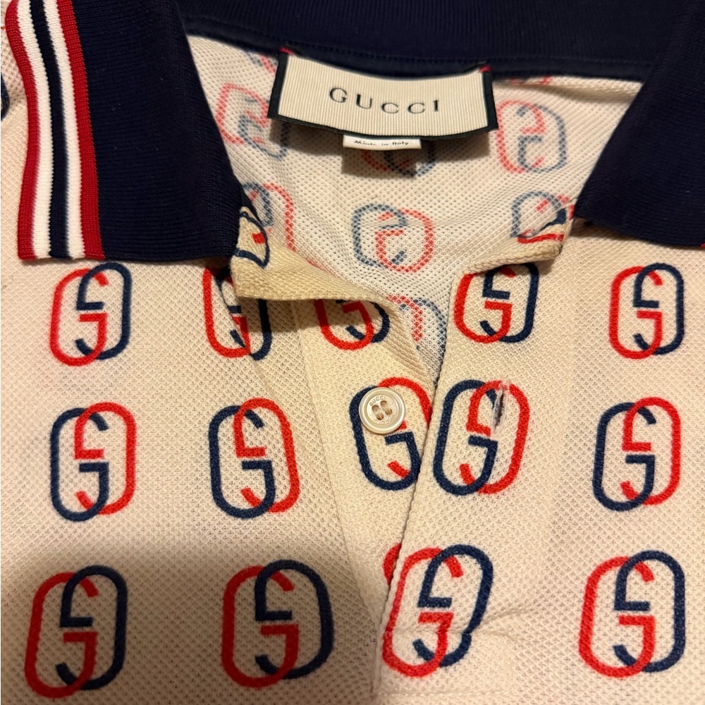 Gucci Cream Polo with Navy & Red Logo Print